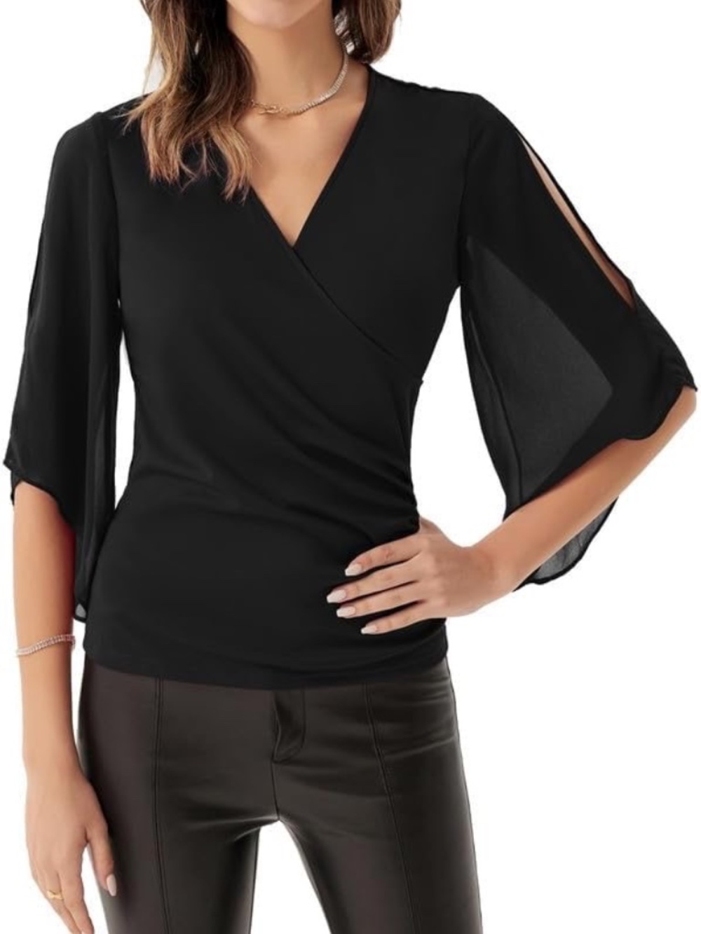 Grace Karin NWT Women's Black Ruched Chiffon Half Open Sleeve Blouse Top Sz XL